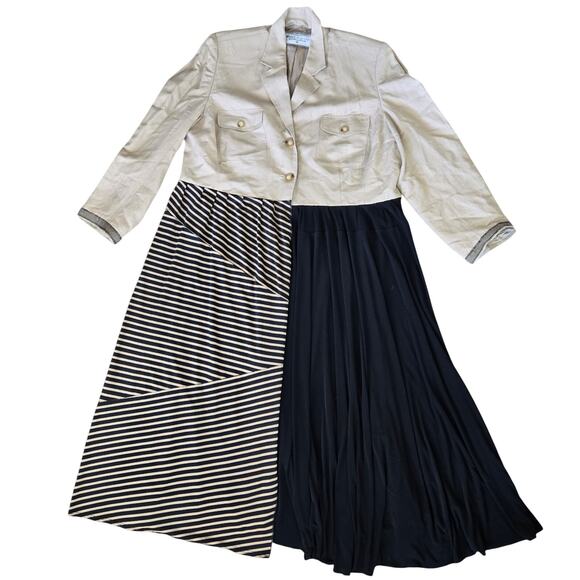 Tan Black Striped Patchwork Upcycled Long Sleeve Longline Maxi Jacket Size XL - Picture 1 of 10